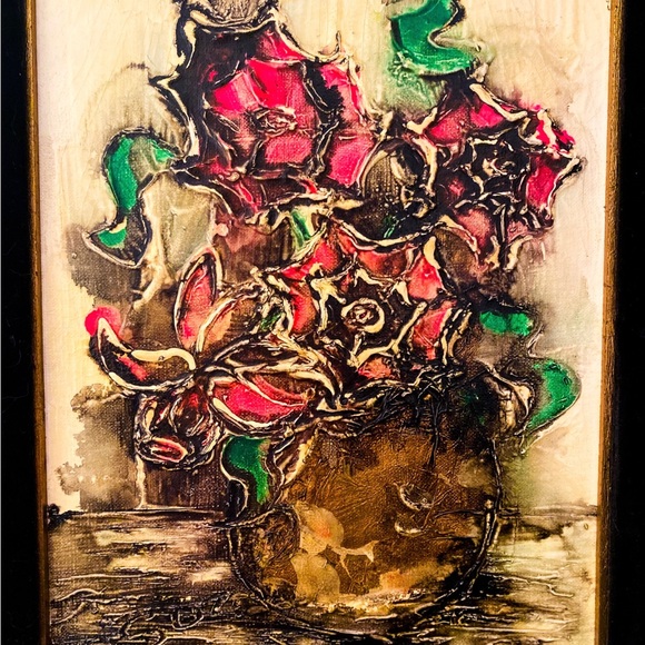 Vintage 1965 Palette Knife Floral Oil Painting Signed MCM Wood Velvet Frame - Picture 11 of 16